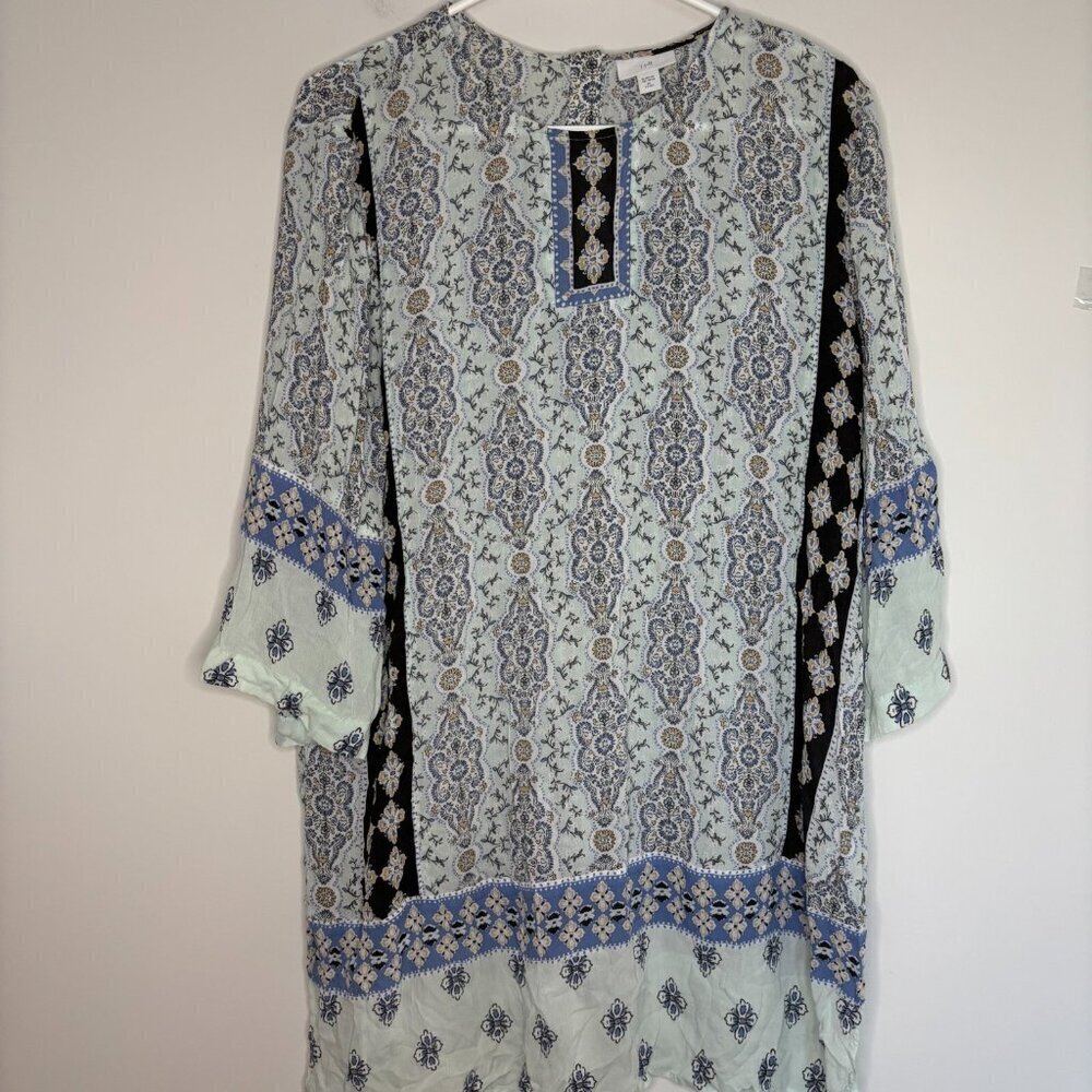 J.JILL Boho Top XL Petite Light Blue Black 3/4 Sleeve Round Neck Back Buttons